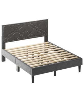 Queen Size Bed Frame with Headboard Storage & Sturdy Metal Slats (No Box Spring)