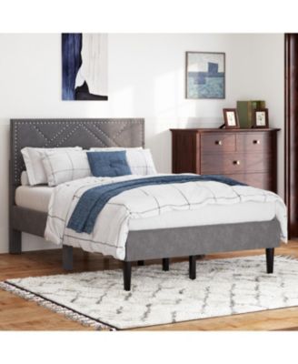 Full Size Metal Platform Bed with Storage Headboard and Strong Slats