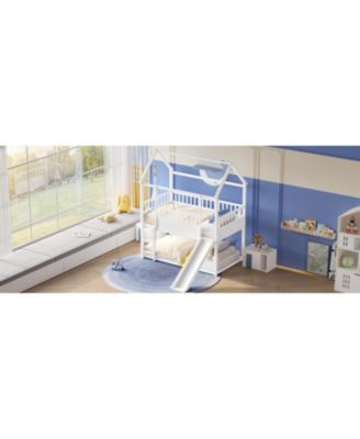 Twin Over Twin Wood Bunk Bed with Convertible Slide, Ladder & Safety Guardrail
