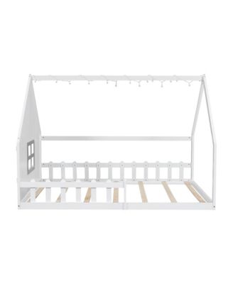 Full Size Wood House Bed with Window and Fence.