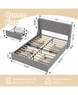 Queen Size Bed Frame with 4 Storage Drawers and Wingback Headboard, Button Tufted Design