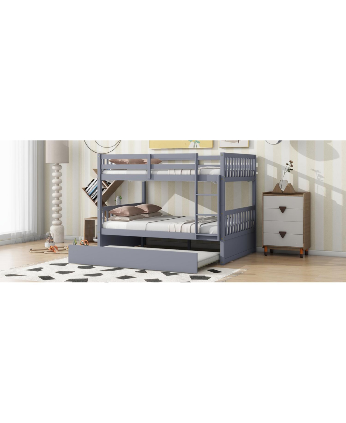 Streamdale Furniture Gray Rubber Wood Bunk Bed with Trundle, Ladder, Guardrails & Convertible to 2 Full Beds