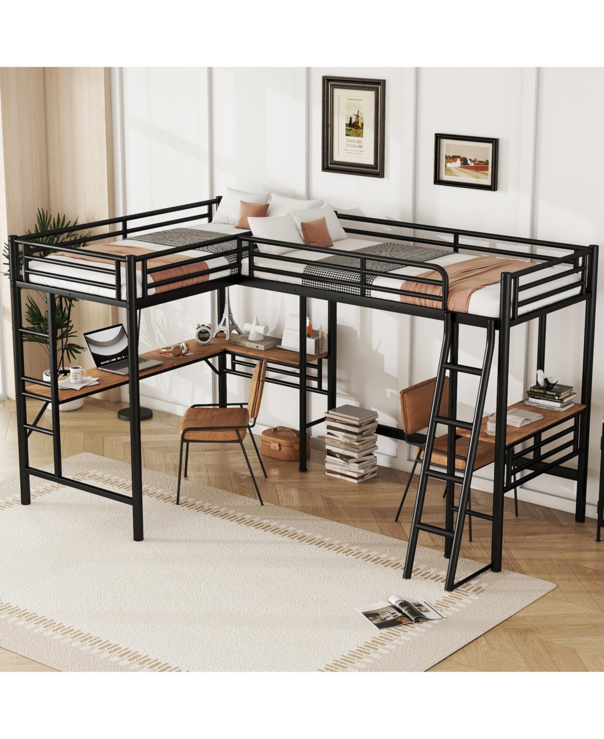 Streamdale Furniture Twin Size Metal Loft Bed with Two Built-in Desks