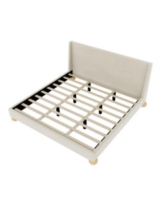 Modern Velvet Upholstered Platform Bed with Wingback Headboard and Round Wooden Legs, Cream,King Size