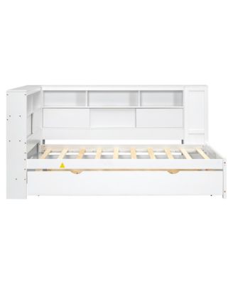 Twin Size Wood Daybed with Storage Shelves, USB and Trundle