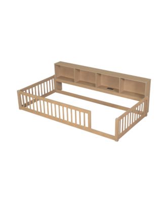  Wood Twin XL Size Floor Bed with Storage Cabinets and USB Ports