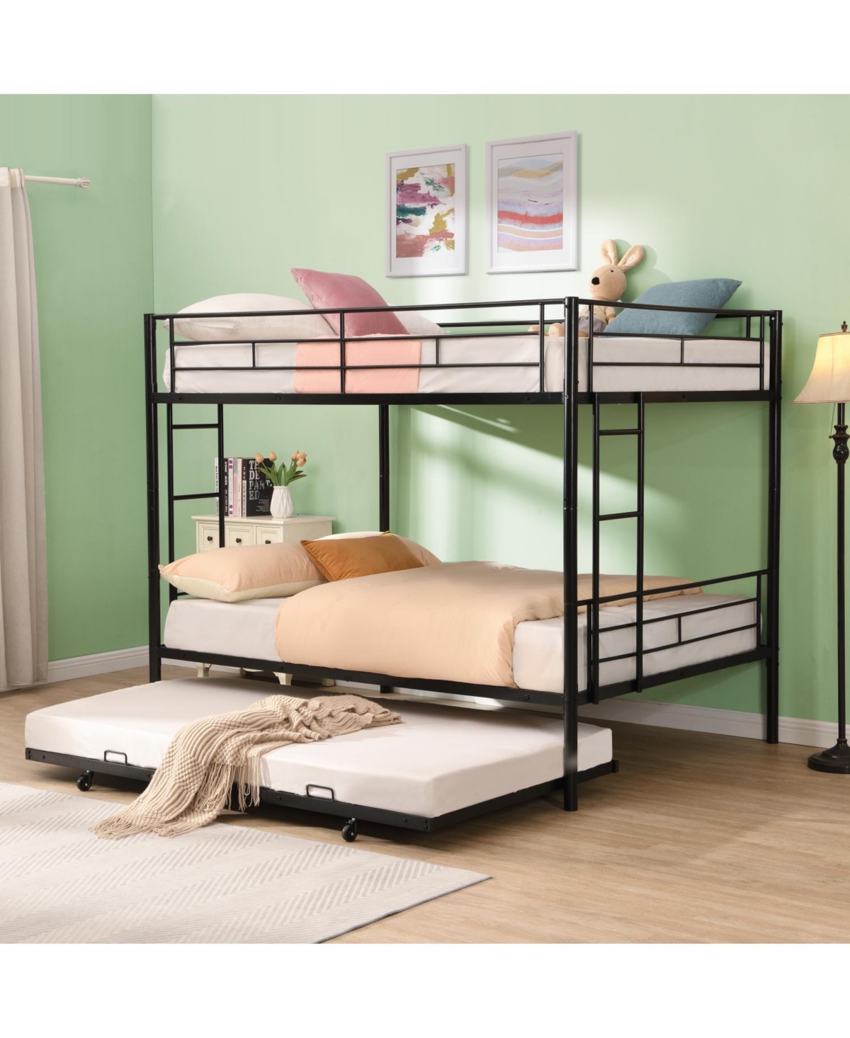 Streamdale Furniture Full Over Full with trundle Metal Bunk Bed, No Box Spring Needed, Easy Assemble