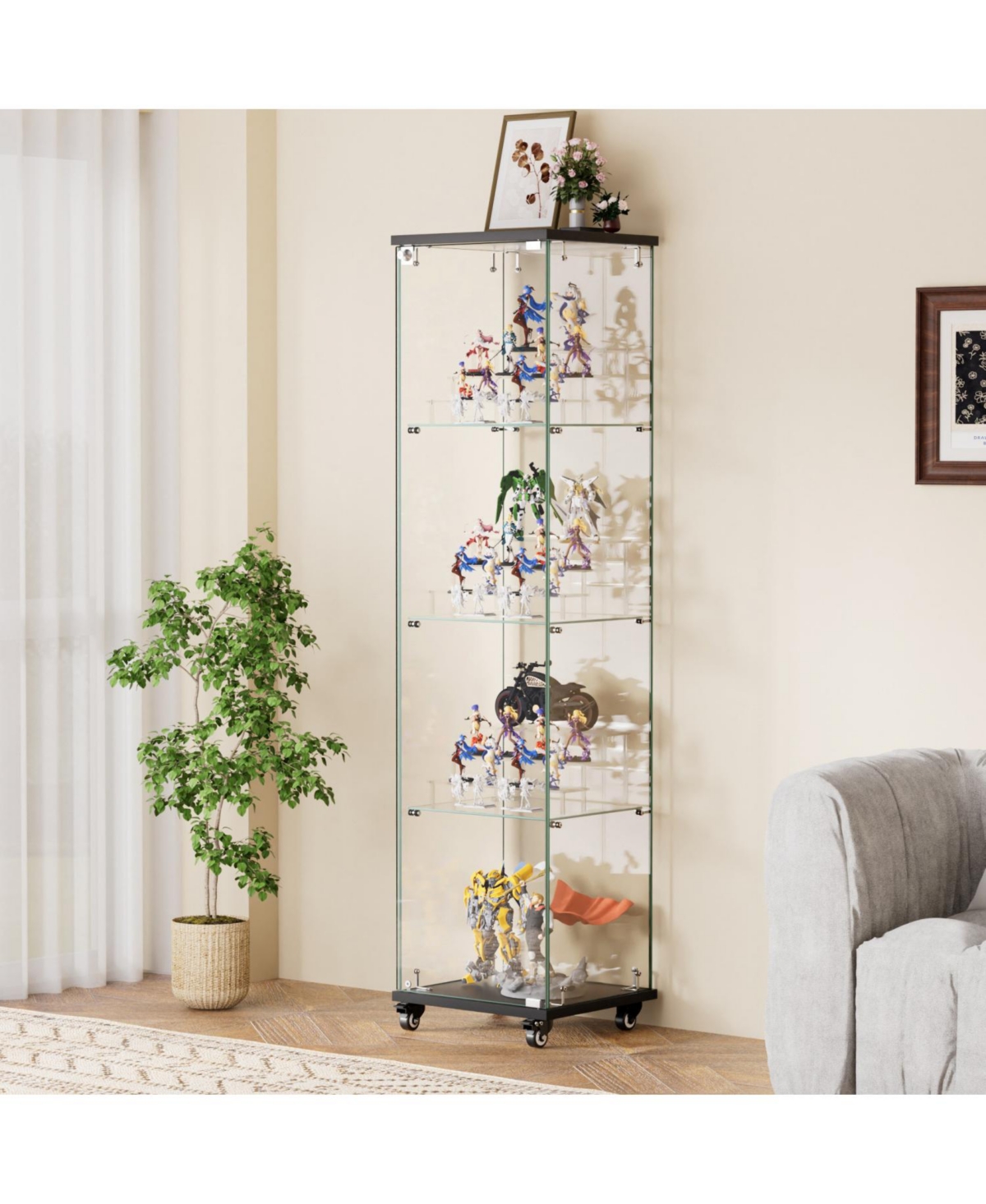 Streamdale Furniture 4-Tier Glass Storage Cabinet with Lock and Wheels