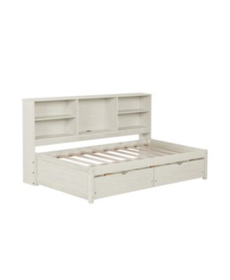 Streamdale Twin Size Bed Frame With Side Bookshelves, Two Drawers, And Built-in USB Port For Creamy White Color