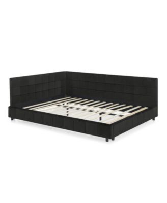 Queen Upholstered Bed Frame with Backrest and Armrests, Velvet, Black (85.5"x64.5"x30.5")
