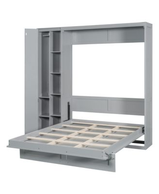  Full Size Murphy Bed Wall Bed with Shelves, Wardrobe and LED Lights