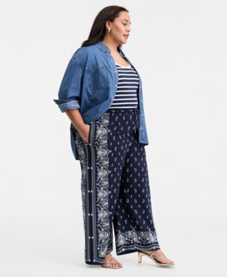Trendy Plus Size High Rise Bandana Frame Print Wide Leg Pull-On Pants