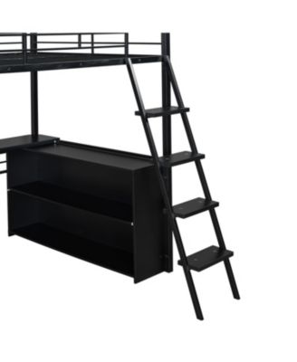 Full Size Metal Loft Bed with LED Desk and 4 Storage Shelves Black