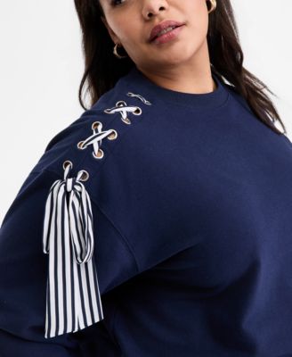 Trendy Plus Size Ribbon-Trim Crewneck Sweatshirt