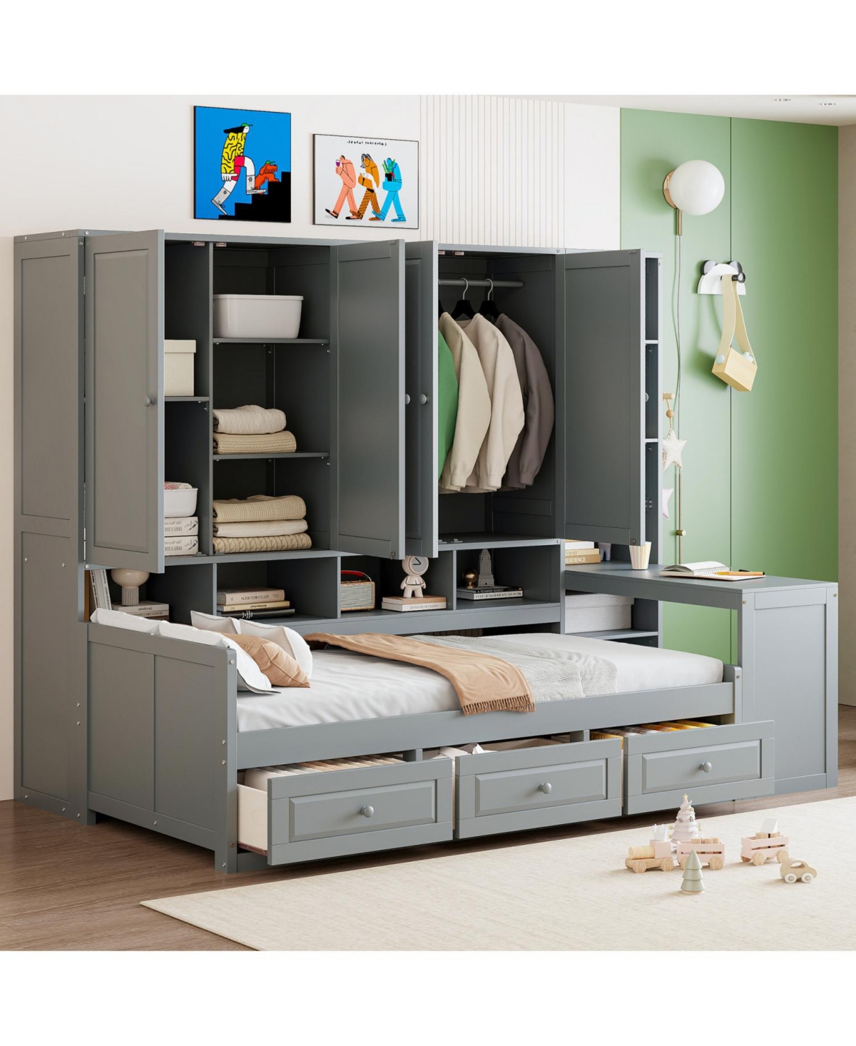 Streamdale Furniture Twin Wood Daybed with Drawers, Desk & Shelves