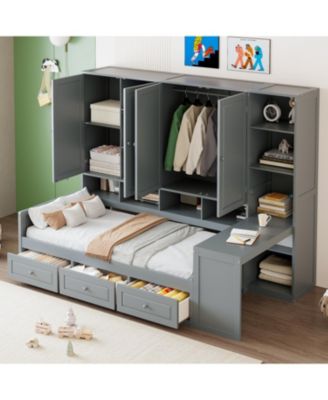 Twin Wood Daybed with Drawers, Desk & Shelves