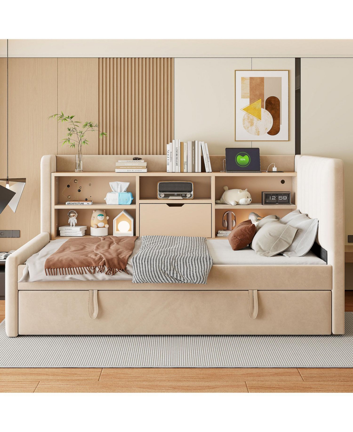 Streamdale Furniture Twin Upholstered Daybed with Trundle Storage Shelves Usb & Outlet