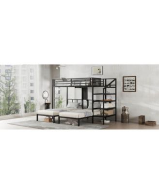 Triple Twin Bunk Bed with Desk & Shelves