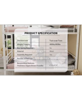 Twin Over Twin Metal Bunk Bed with Ladders & Guardrail