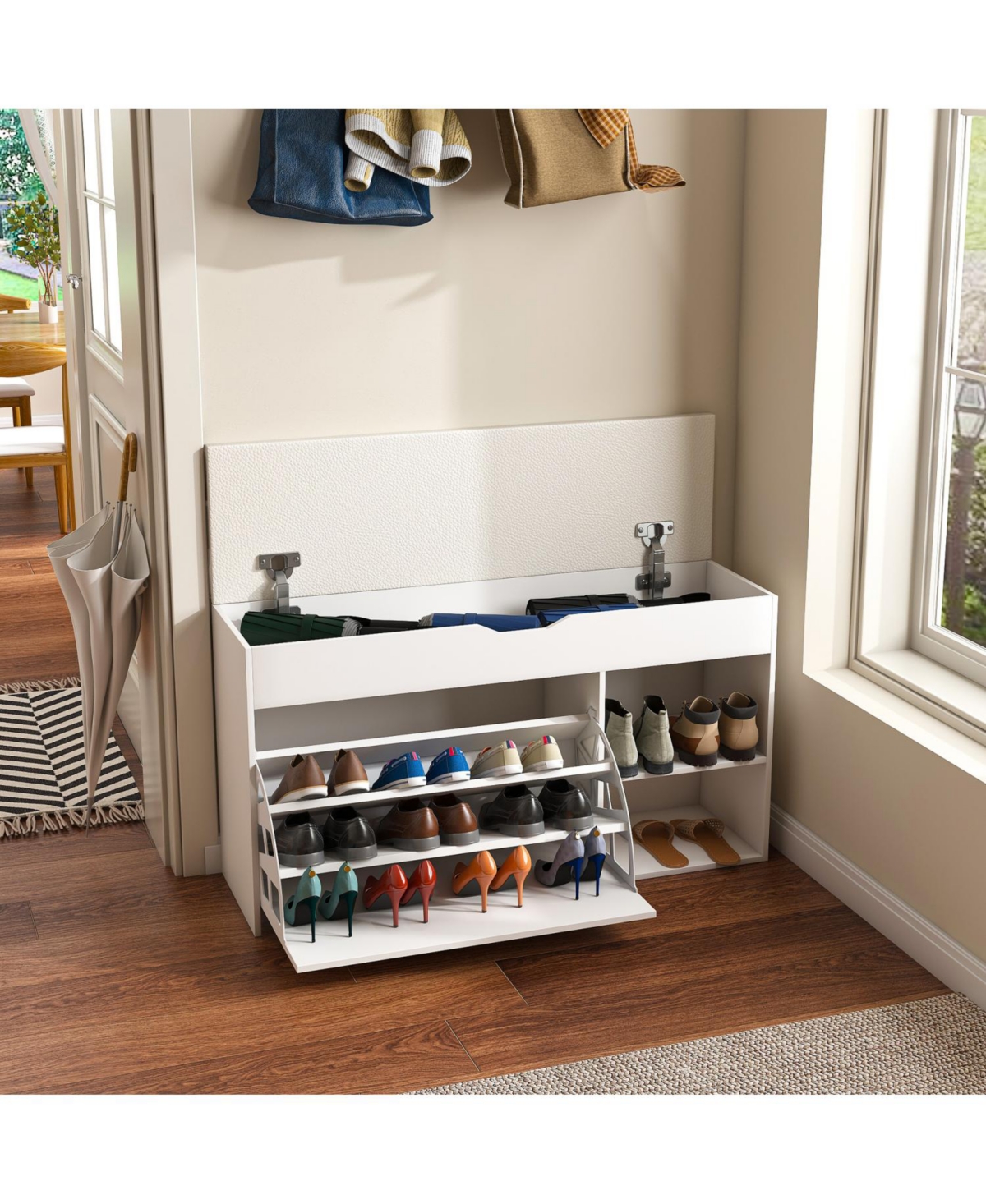 Streamdale Furniture Entryway Bench Shoe Storage Flip-Up Drawers Hidden Cabinet White