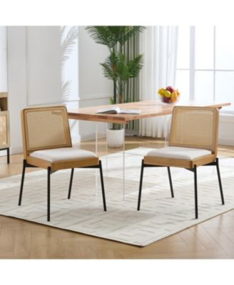 Mid-Century Linen Dining Chairs Rattan Back (Set of 2)