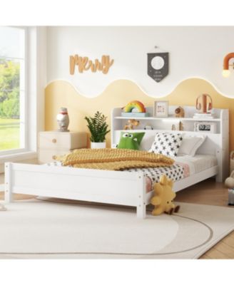 Pine Wood Bed with Bookcase Headboard LED & Guardrails White