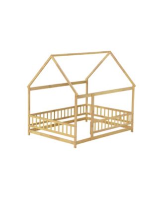 Full Size House Floor Wooden Bed with Roof Frame Safety Guardrails Natural