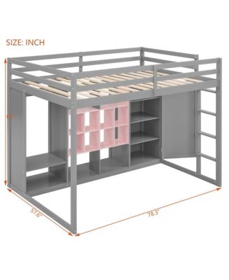 Full Size Wood Loft Bed with Wardrobe, shelves and Cabinet, Gray+Pink