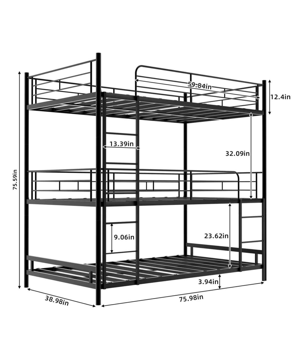 Streamdale Furniture Triple Frame Bed w/ Ladder & Railing - Floor Safe, Easy Assembly