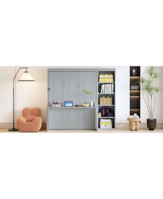 Full Size Murphy Bed with Desk and Bookshelf, Gray
