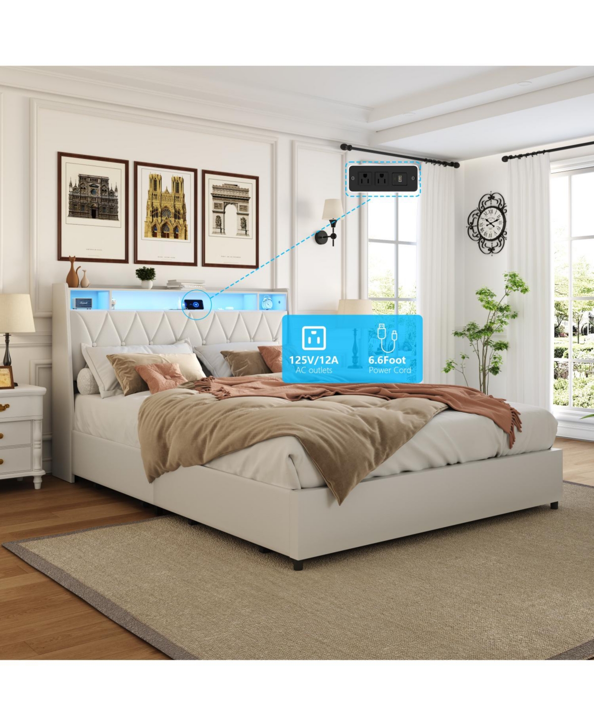 Streamdale Furniture Queen Bed Frame with Outlets, Led, Storage Shelf