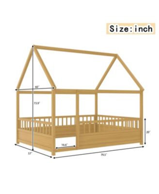  Wooden House Bed with Fence (Full, Natural)
