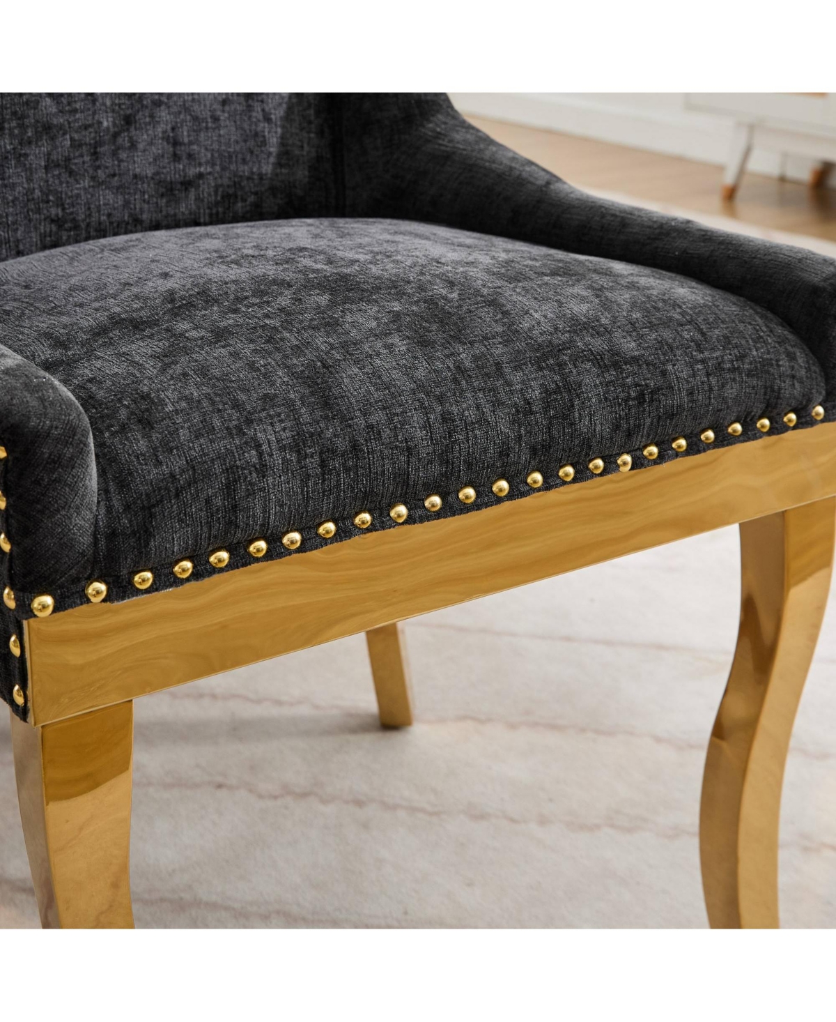 Streamdale Furniture Chenille Dining Chairs, Gold Legs, Rivet Trim