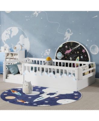 Twin Montessori Floor Bed with Rails, Shelf, Light