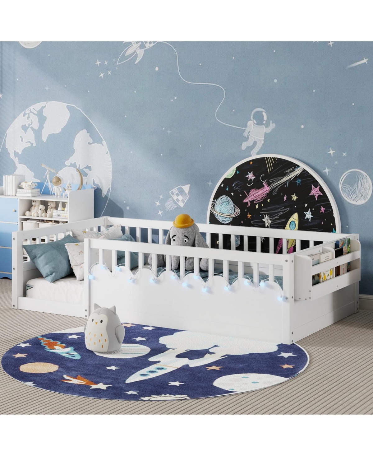 Streamdale Furniture Twin Montessori Floor Bed with Rails, Shelf, Light