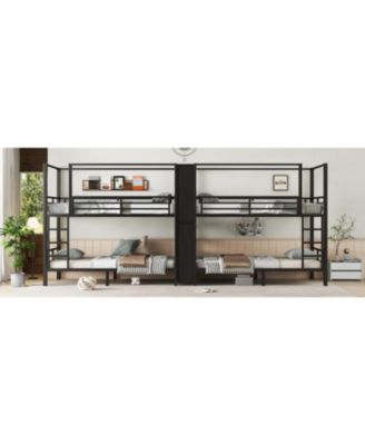 Twin Quad Metal Bunk Bed w/ Storage & Wardrobe - Black