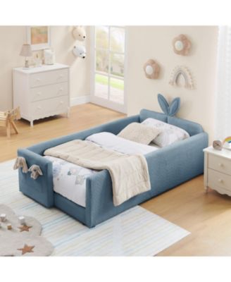 Twin Upholstered Bed- Rabbit Ears, Rail & Pocket, Boucle, Sky Blue