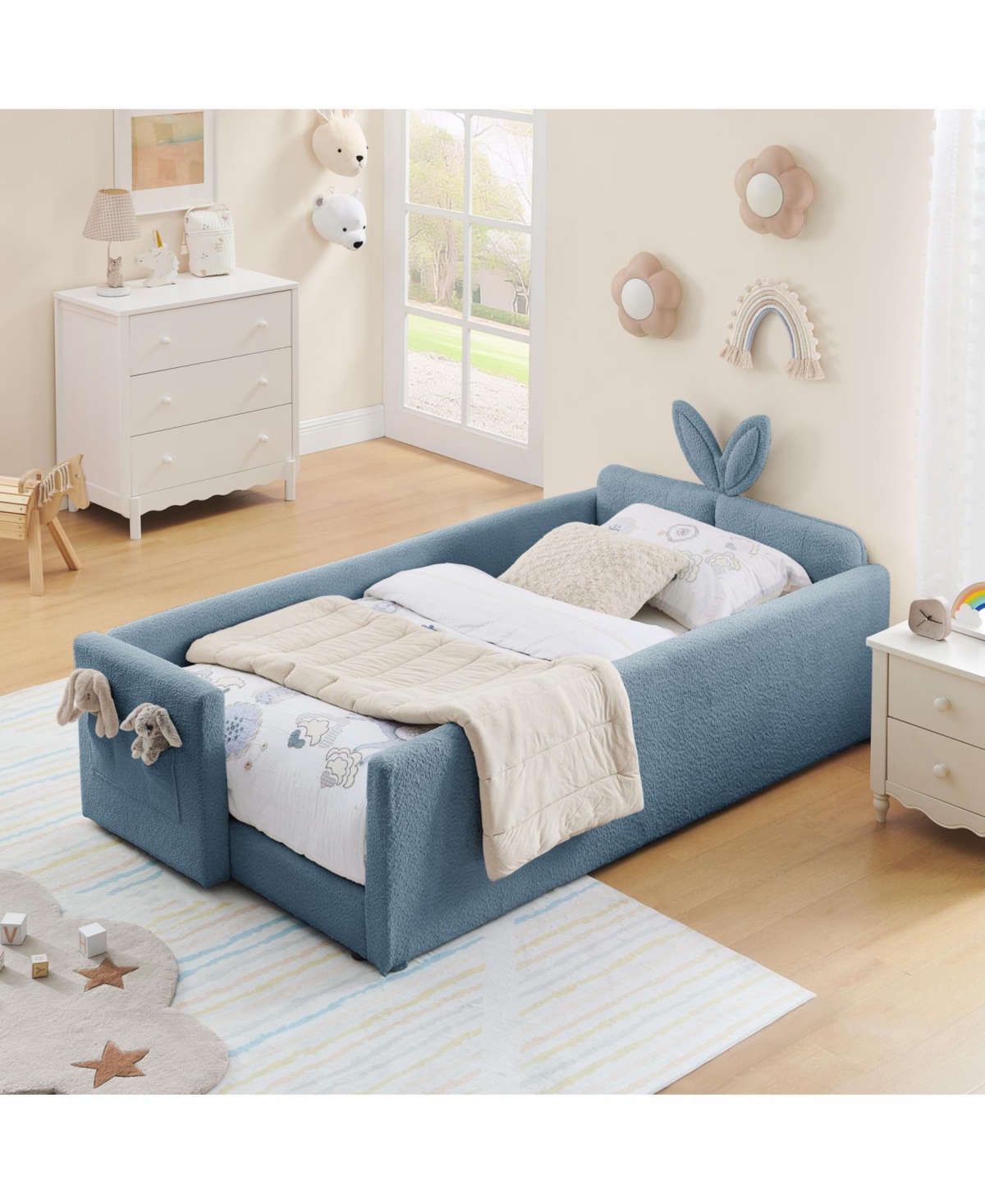 Streamdale Furniture Twin Upholstered Bed- Rabbit Ears, Rail & Pocket, Boucle, Sky Blue