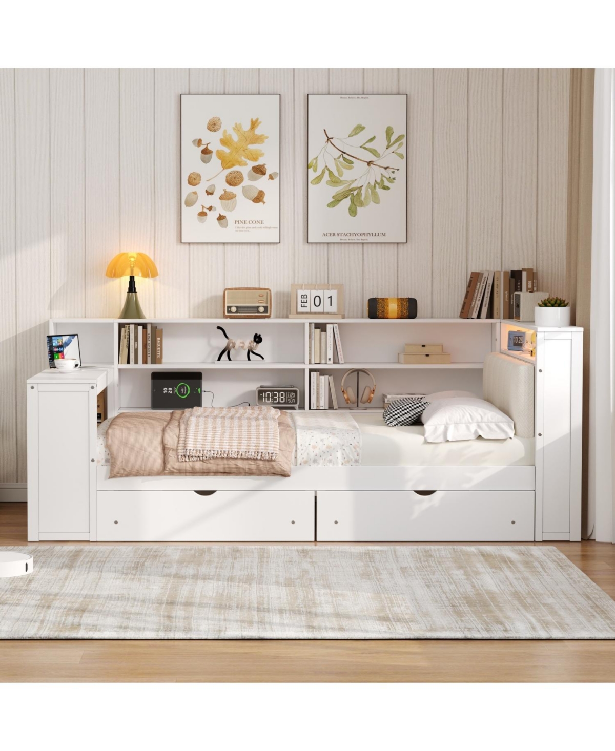 Streamdale Furniture Streamdale Full Platform Bed- Storage, Charging, Led, Desk, Upholstered Headboard