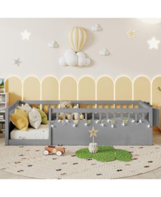 Montessori Floor Bed with Rails, Shelf & Light