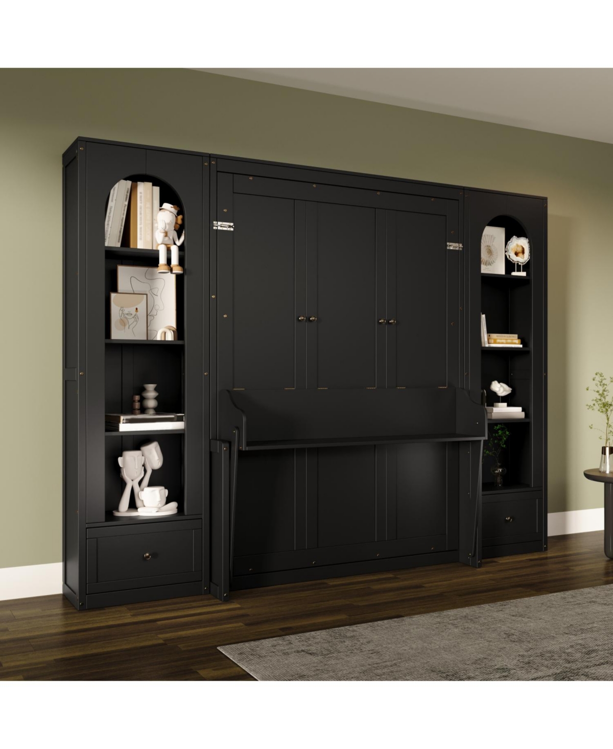 Streamdale Furniture Streamdale Queen Size Murphy Platform Bed with Shelf, Side Cabinets, Drawers and Led, Black