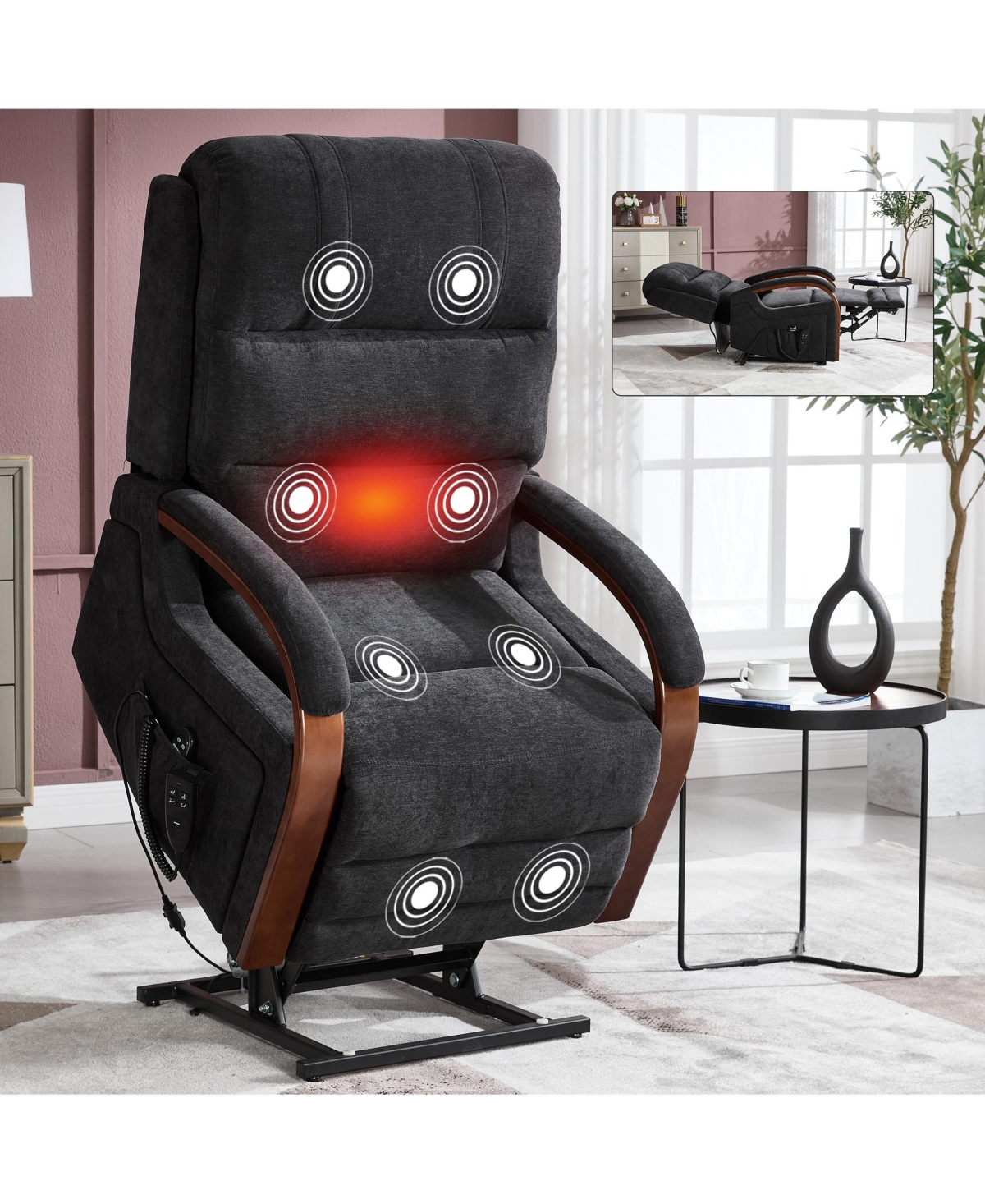 Streamdale Furniture Power Black Chenille Lift Recliner, Heat & Massage, Dual Motor, 350 Lbs