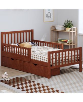 Twin Wood Platform Bed with Guardrails & Storage - Walnut