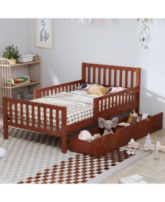 Twin Wood Platform Bed with Guardrails & Storage - Walnut