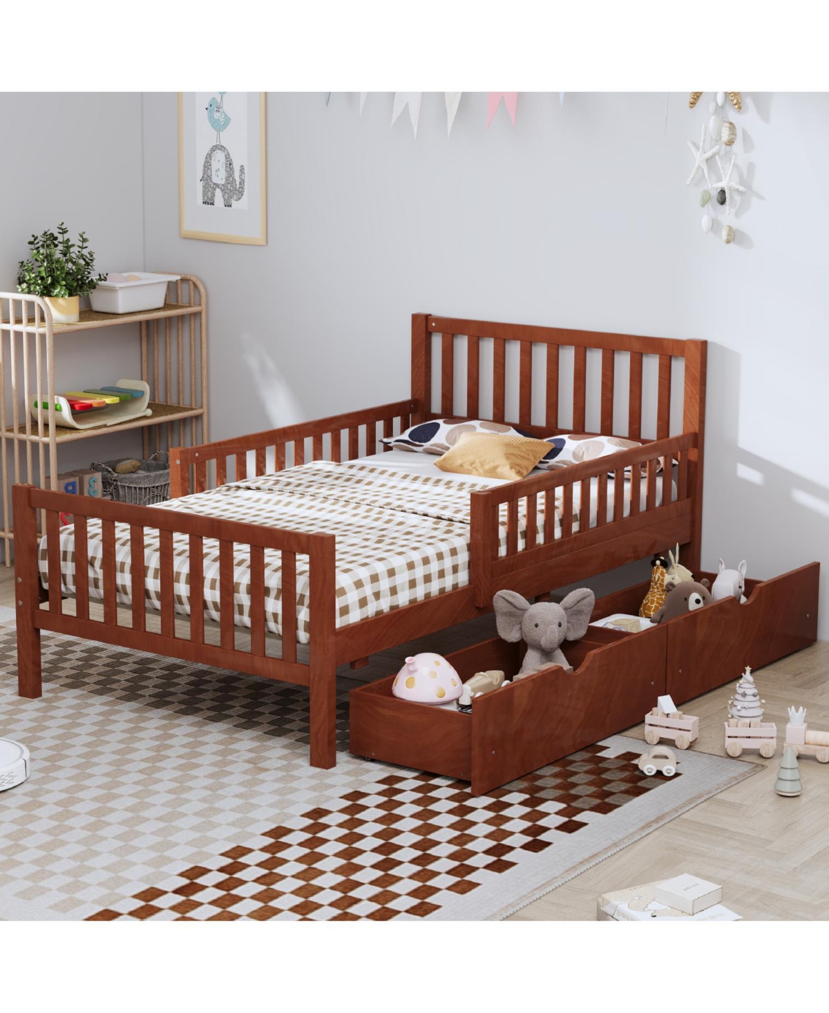 Streamdale Furniture Twin Wood Platform Bed with Guardrails & Storage - Walnut