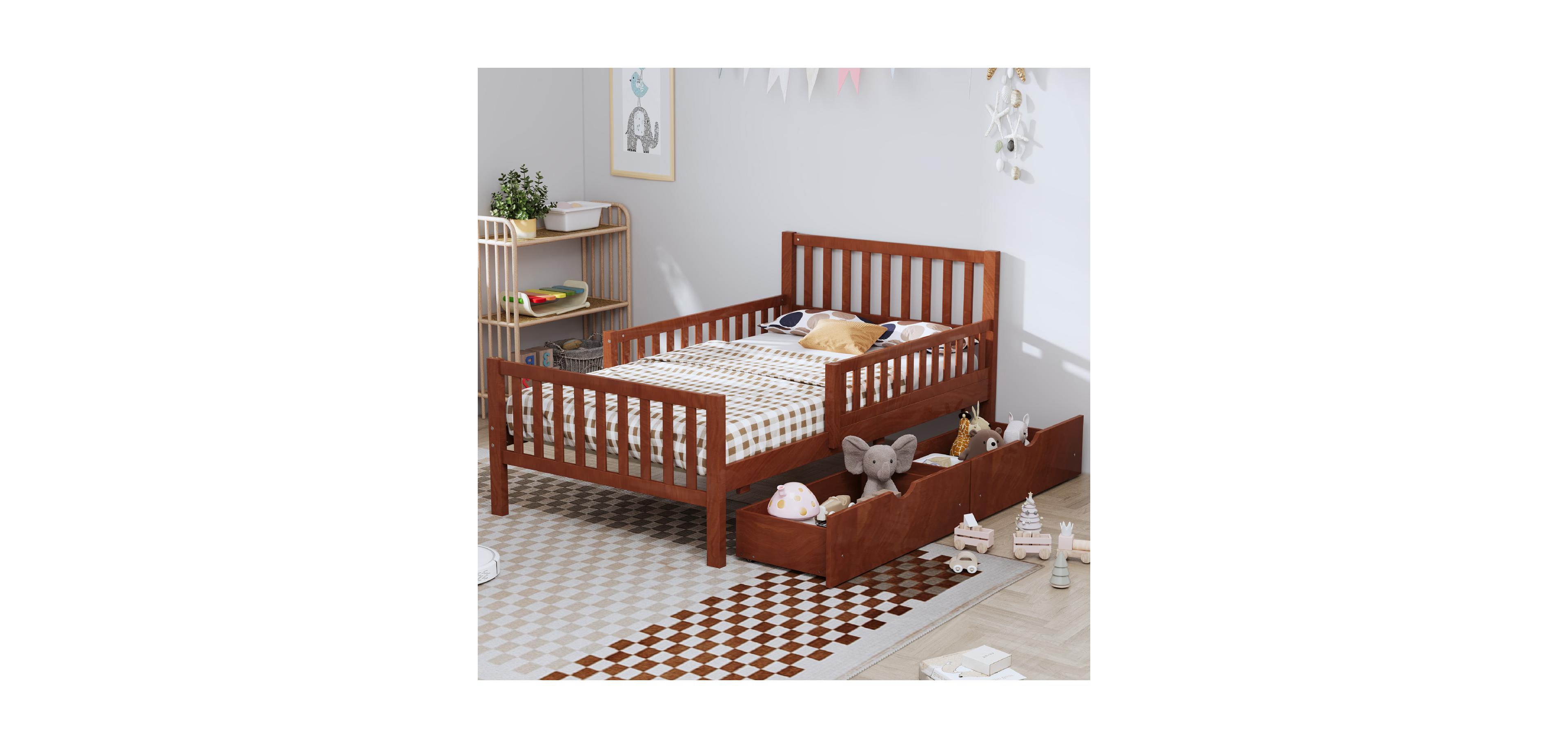 Streamdale Furniture Twin Wood Platform Bed with Guardrails & Storage - Walnut