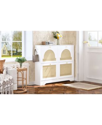 Streamdale Mid-Century Narrow Shoe Cabinet - 4 Flip Drawers, Rattan Doors, Hooks