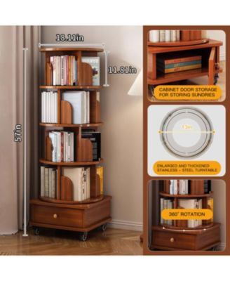 Rotating 5-Tier Corner Bookshelf with Drawer (Walnut)