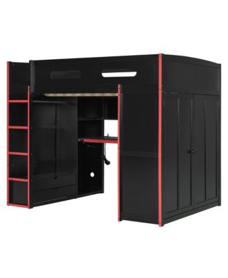 Wood Loft Bed with Desk, Wardrobe, Storage & RGB Light
