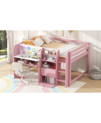 Pink Low Loft Bed with Desk, Storage & Whiteboard